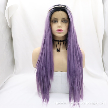Vigorous 28 Inch Middle Part Long Straight ombre purple Hair Synthetic Hair Wigs For Black Women Heat Resistant Fiber Lace Wigs